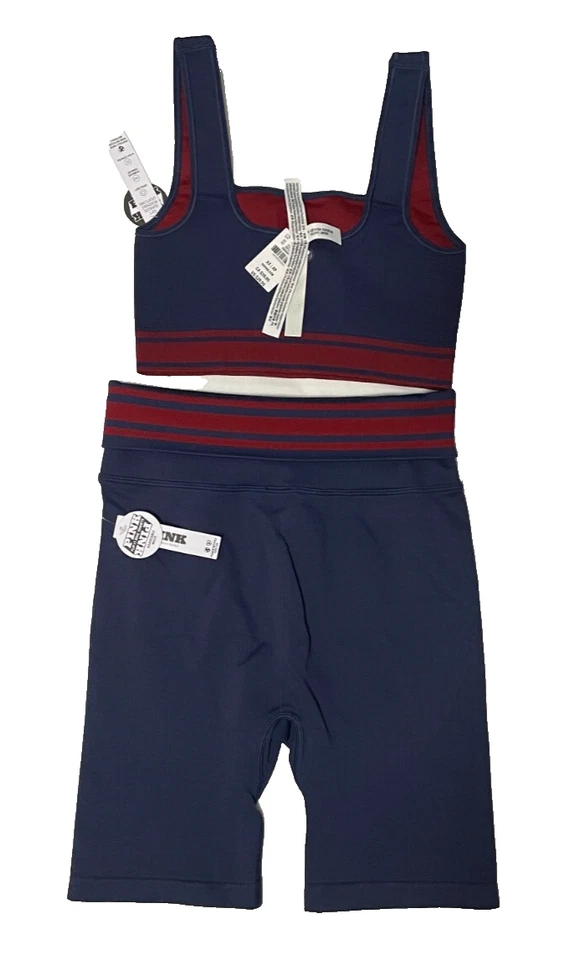 Victoria Secret 粉色自行车短裤和运动胸罩匹配套装海军蓝女式 XS — 第 2/4 张图片