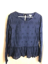 Crown & Ivy navy blue Top Blouse Cotton eyelet long sleeve peplum sz XL