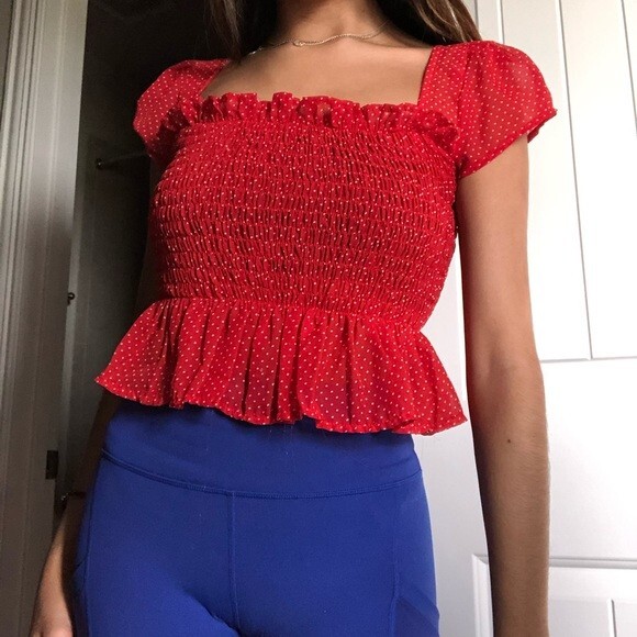 Forever 21 Red Polk Dot Short Sleeve Blouse Top Small