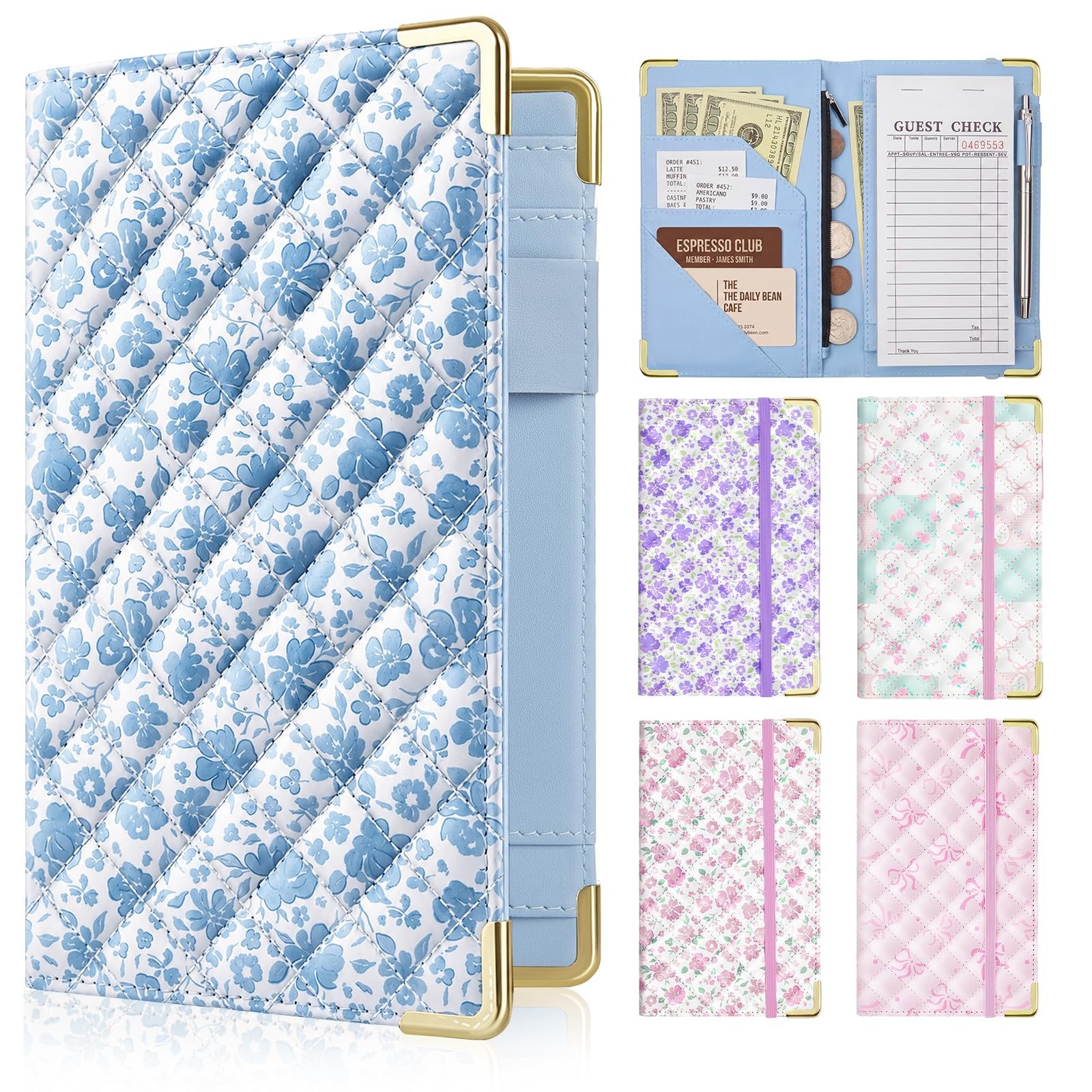 EllaSeek Server Books for Waitress, Cute Book with Zipper Blue Flower