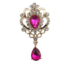 Brooch Bright Pink & Clear Crystal Rhinestones Gold Tone Teardrop Fancy