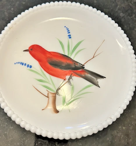 Vintage Milk Glass Plate 7.5" Red Bird Hand Painted Beaded Edge Decorative