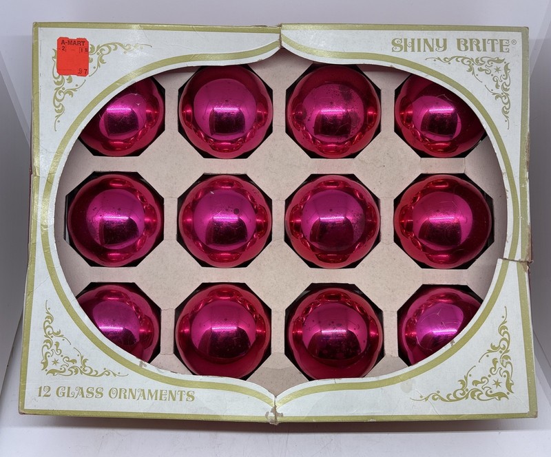 Vintage 12 Pack Shiny Brite Christmas Tree Ornaments Red Pink Original Box