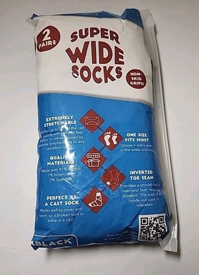 Fortis Super Wide NonSkid Grip Socks For Swollen Feet Lymphedema 2 Pr Black