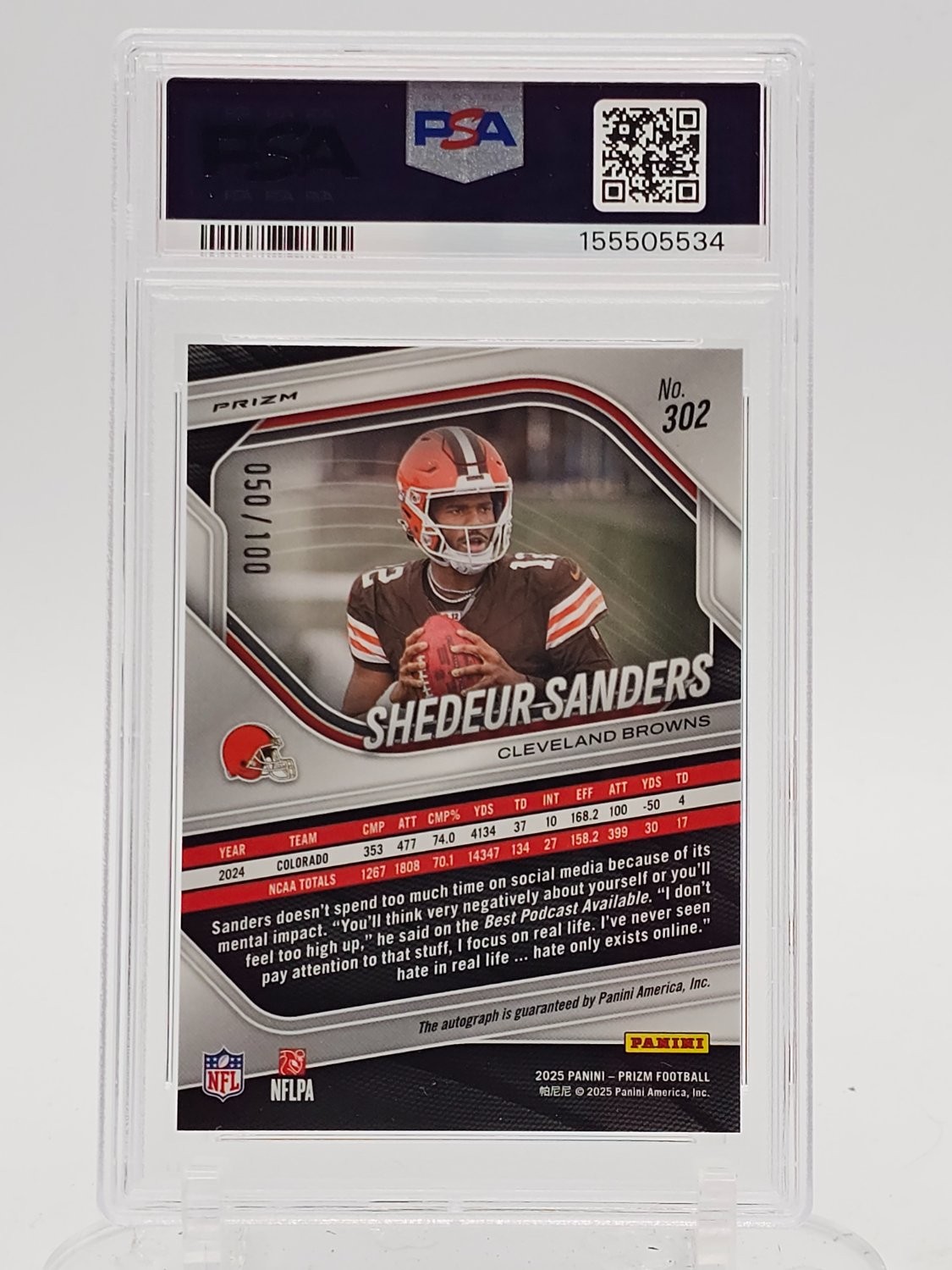SHEDEUR SANDERS 2025 PANINI PRIZM AUTO CHOICE ROOKIE RC /100 #302 PSA 10 Q5997 view 2