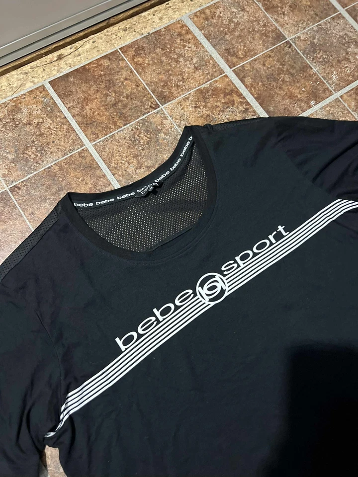 Bebe Sport Stripe Logo Gym Yoga Short Sleeve Black Slight Crop Shirt Women's 2X - Image 3 of 4