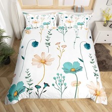 Floral Bedding Set Full, Teal Beige Flower Comforter Cover for Girls Teens , ...