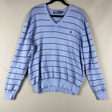 Vintage Polo Ralph Lauren Sweater Mens XL Blue Striped Pima Cotton Knit V Neck