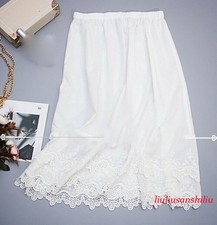 Women White Cotton Lace Trim A-Line Half Slip Underskirt Safety Skirt Petticoat