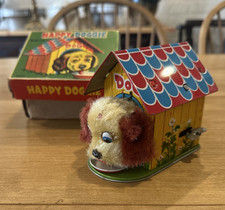 1960  s vintage TIN METAL DOG HOUSE WIND-UP TOY made in japan HAPPY DOGGIE WORKS 
