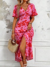 Boho Floral A-Line Long Dress V Neck Flounce Short Sleeve Split Thigh Maxi