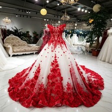 Vintage Luxury White and Red Wedding Dresses 3D Flowers Off Shoulder Bridal Gown
