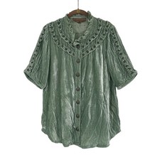Blusa Doble D Rancho Talla M Verde Terciopelo Aplastado Tachonado Manga Abullonada Abotonada