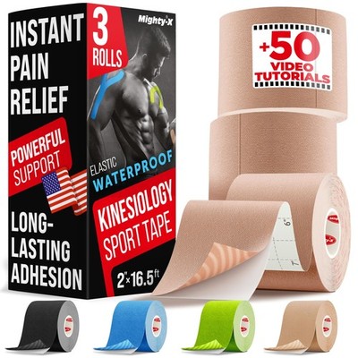 Mighty-X Waterproof Kinesiology Tape - 3 Rolls - Kinetic Tape - Joints Support