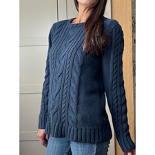 LL Bean Navy Blue Cable Knit Cotton Crew Neck Fisherman Sweater Womens Medium