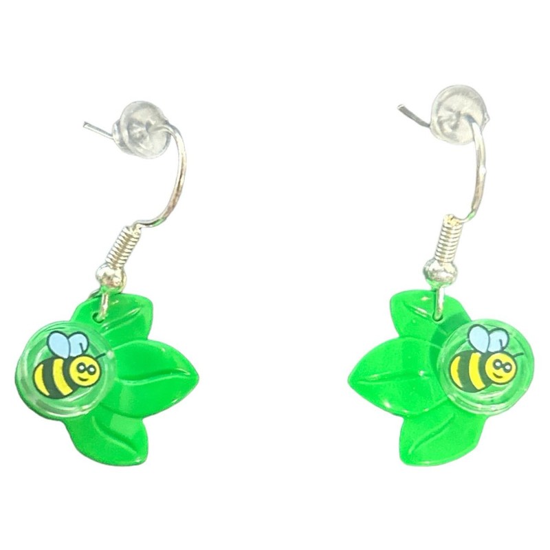 Bee & Leaf Dangle Earrings Made with a white Lego Bee tile and Green Lego Leaf
