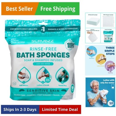 Disposable No Rinse Bathing Wipes for Senstive Skin - 25 Pack - All-in-1 Sing...