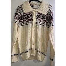 Vintage Jantzen Fair Isle Cable Knit Cardigan Sweater Cream Mens Large USA Made