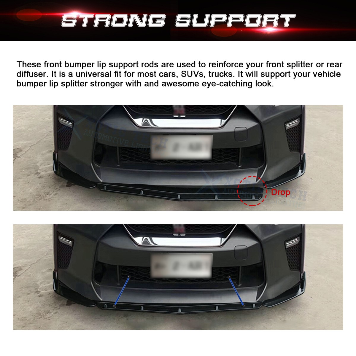 Front Lip MACHSWON Adjustable Front Bumper Lip Strut Rods - 150mm Blue ...