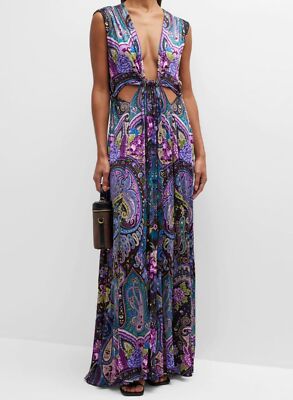 $3190 Etro Womens Purple Plunging Cutout Paisley-Print Jersey Gown Dress Size 44