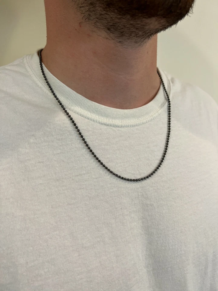 Colar Ball Moon corrente de contas 2,5 mm ródio preto sobre prata esterlina 925 real - Imagem 2 de 4