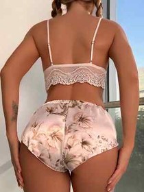 Sexy Floral Print Contrast Lace Satin Pink Lingerie Set Bra Shorts Intimate US