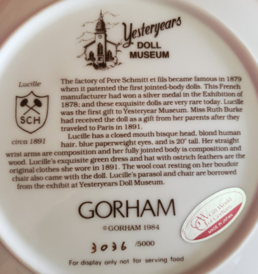 1984 Gorham Yesteryears Doll Museum Lucille Collector Plate #3036