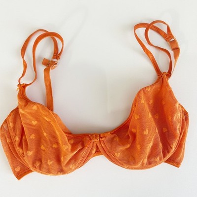 Moschino Womens Orange Heart Flocked Mesh Vintage Italian Lingerie Bra Size 36B