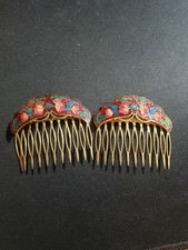 Two Vintage Cloisonn  Hair Combs Red Pink Enamel Floral Butterfly Design