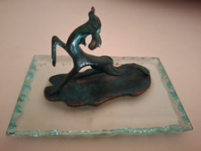 Fermacarte Vintage Bronzo Patinato Cerbiatto Stilizzato su Base Cristallo Anni 5