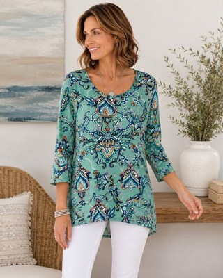 Chicos Slub Knit Medallion Paisley Top Sz 1 M Mint Aqua Boho Cotton Modal Tee
