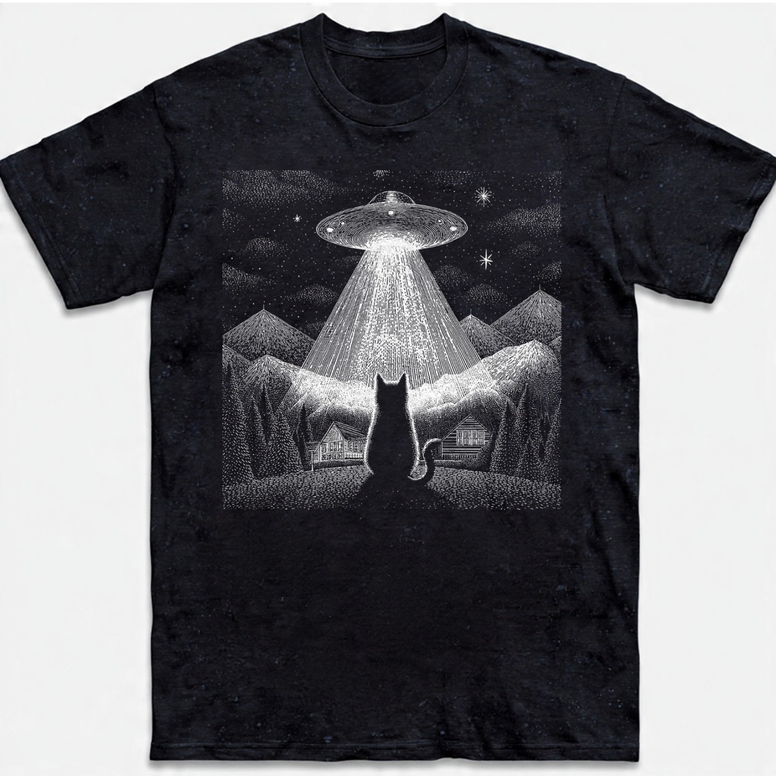 Alien Abduction T-Shirt Cat Watching UFO Mountains Funny Sci-Fi Graphic Tee