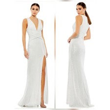Mac Duggal - White dress with V-neckline and sequins, crossover style.