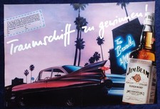 Jim Beam Boubon Whiskey mit einem Cadilac Coupé, originale Werbung aus 1989