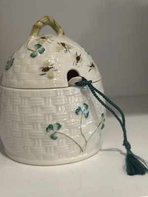 BELLEEK Irish  Shamrock  Jam Jar HONEY POT Millennium 2000 and SPOON
