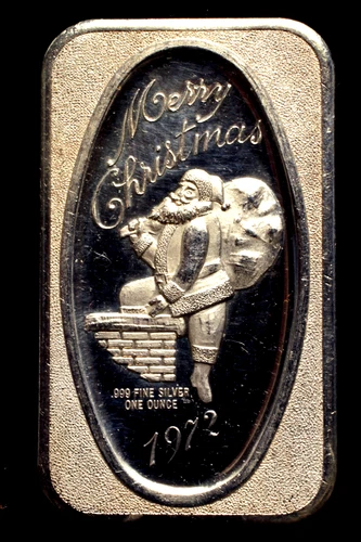 Vintage 1 Oz. .999 Fine Silver Art Bar    "Merry Christmas 1972"