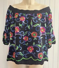 Karen Kane XL Black Embroidered Red Floral Off Shoulder Blouse Boho Made in USA