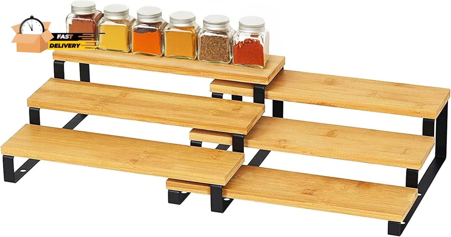 Bamboo and Metal Expandable Spice Rack Organizer, Cabinet Shelf Orga