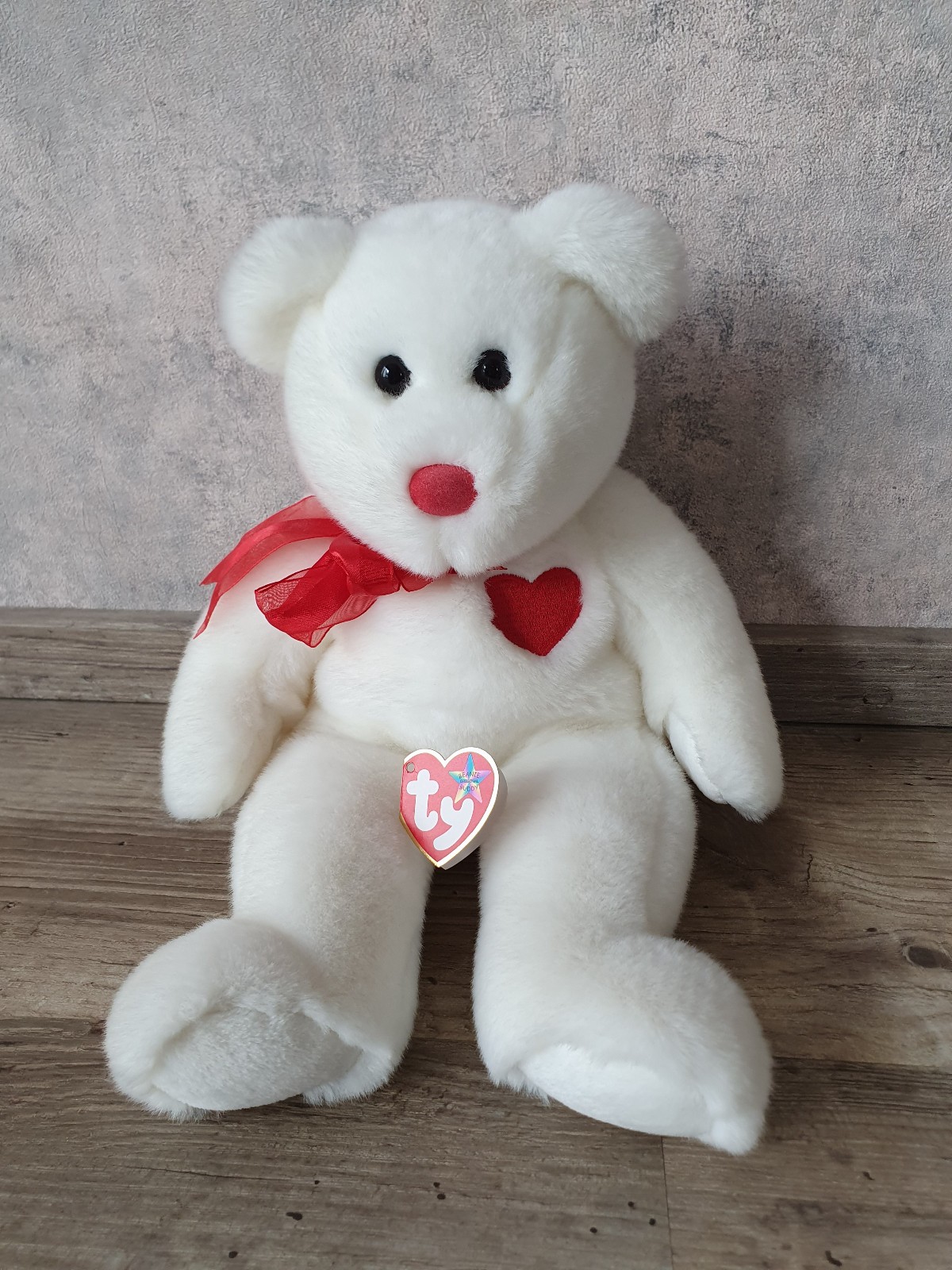 TY Beanie Baby Bär Buddy *VALENTINO* groß 36 cm Plüsch Kuscheltier weiß Sammler