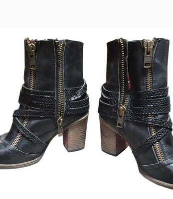 Freebird By Steven Black Leather Ankle Bootie Zipper  Straps Buckle Block Heel