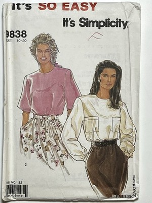 SIMPLICITY 9838 MISSES 10-20 TOP Pullover Blouse It s So Easy PATTERN NEW UNCUT