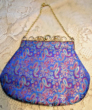 Vintage 1930s TAPESTRY PURSE w/ ORNATE FRAME 7x7  blue/burgandy/gold metallic