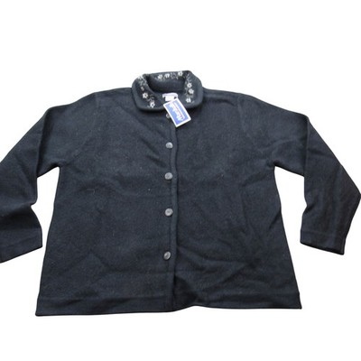 Erika Stewart Black Wool Floral Embroidered Button Front Cardigan Womens L