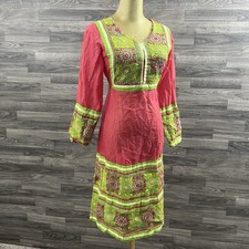 Vintage Pink Embroidered Kurta Kaftan Dress Boho Ethnic Hippie Festival L 40x19