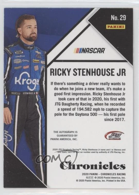 2020 Panini Chronicles Chronicles Auto Purple /25 Ricky Stenhouse Jr #29 Auto - Image 2 of 2