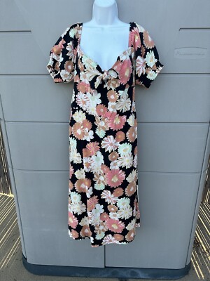 Roxy Summertime Feeling Floral Puff Sleeve Knot Front Empire Waist Midi  Dress L | eBay