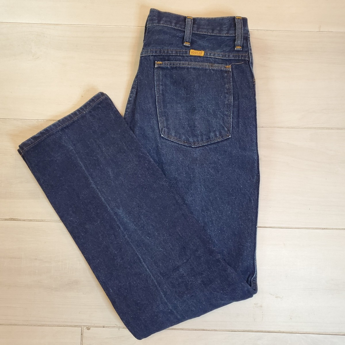 Vintage Rustler 34x30 Blue Denim Jeans Made in USA Zip 87621 Dark 