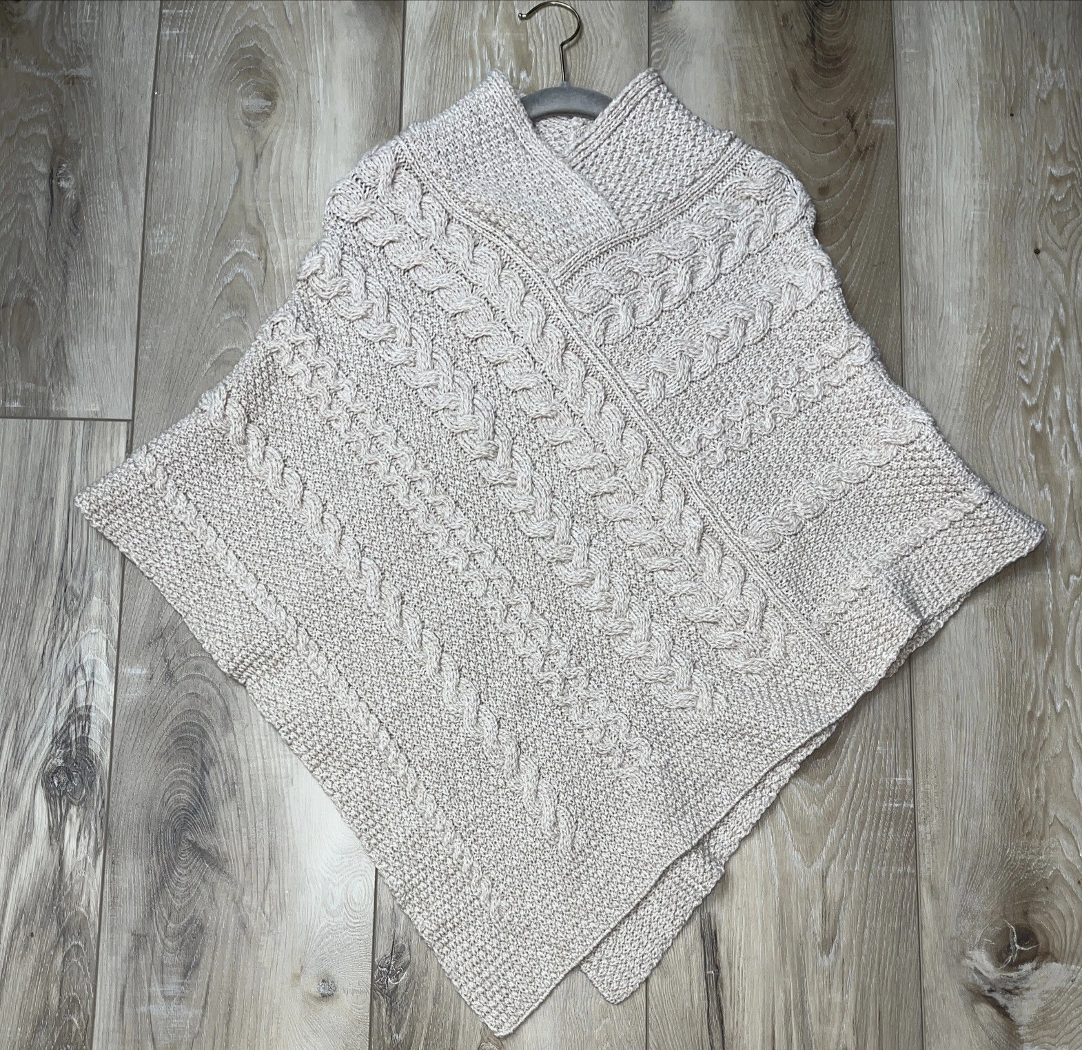 Aran Crafts Sweater Poncho Cape 100% Merino Wool Cable Knit Beige Size S/M