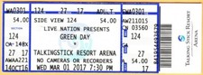 2017 GREEN DAY concert ticket PHOENIX AZ Billy Joe Armstrong Mike Dirnt Tre Cool