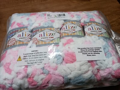 Alize Puffy Fine Yarn Pink/Blue/White Color 5945 Lot 800940 3.53 oz Each 4 Skein